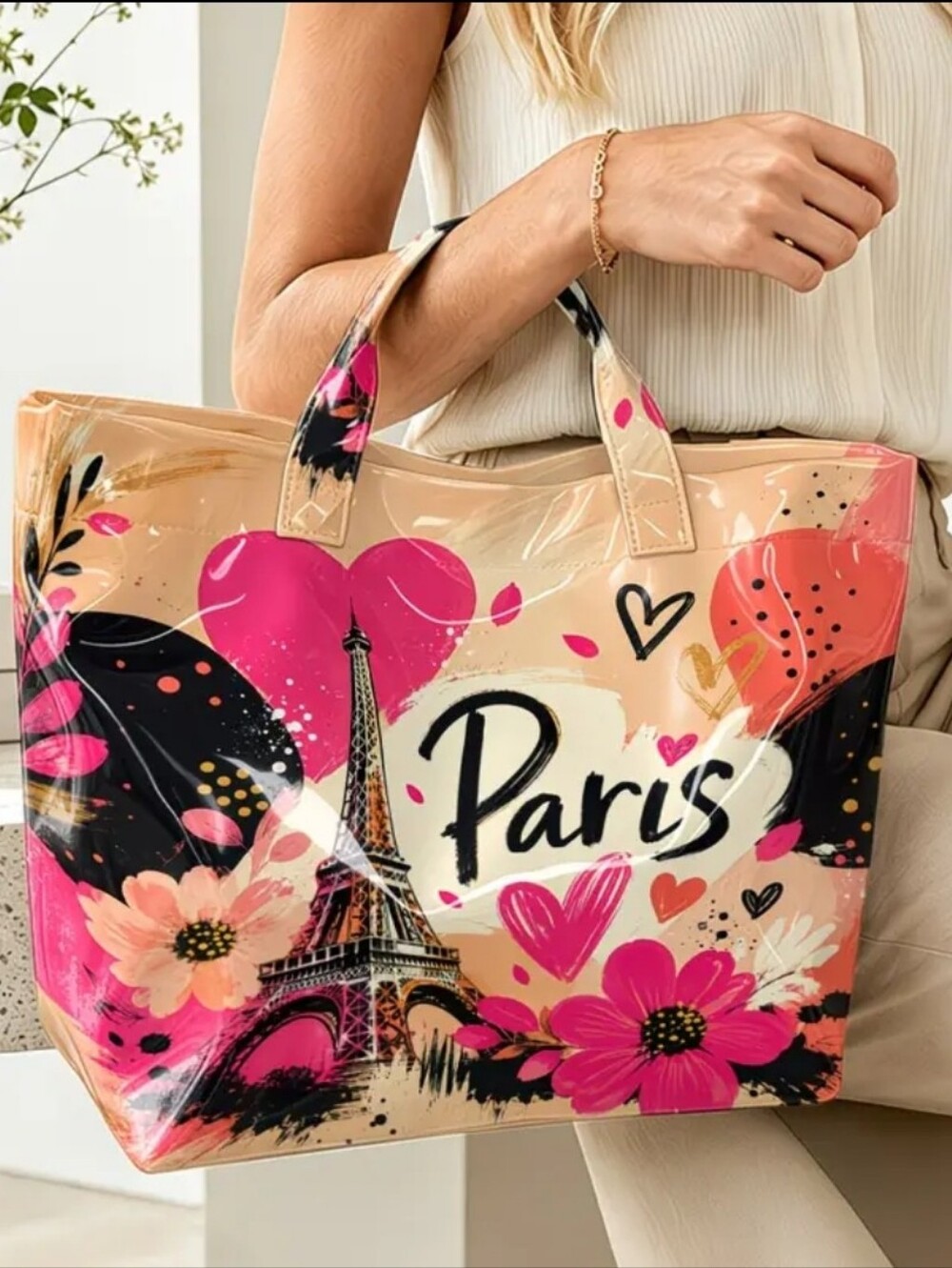 Beautiful Paris PVC Eiffle Tower Pink Heart Daisy Floral Tote Bag